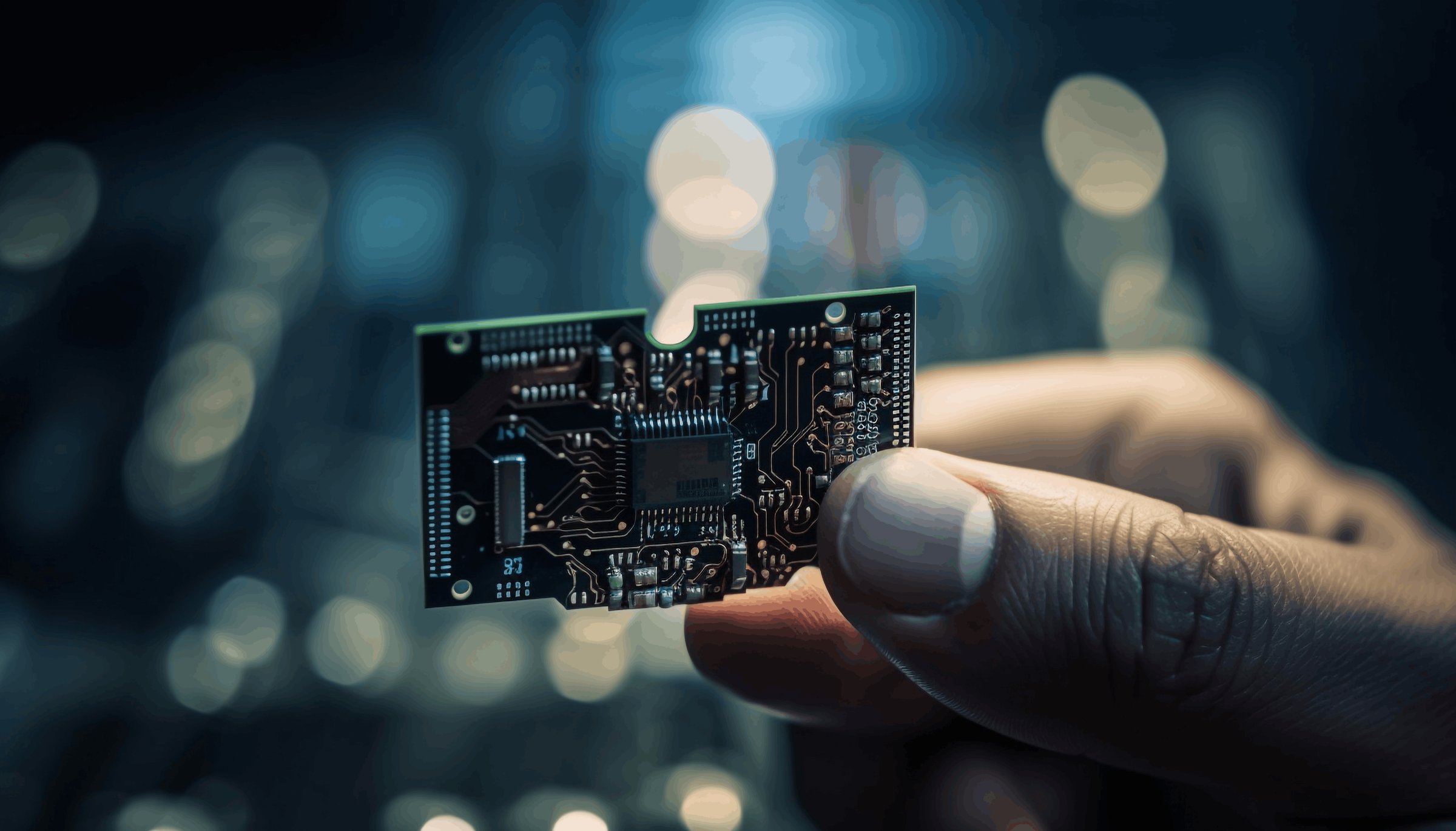 Hand holding an AI circuit board with city-light bokeh in the background