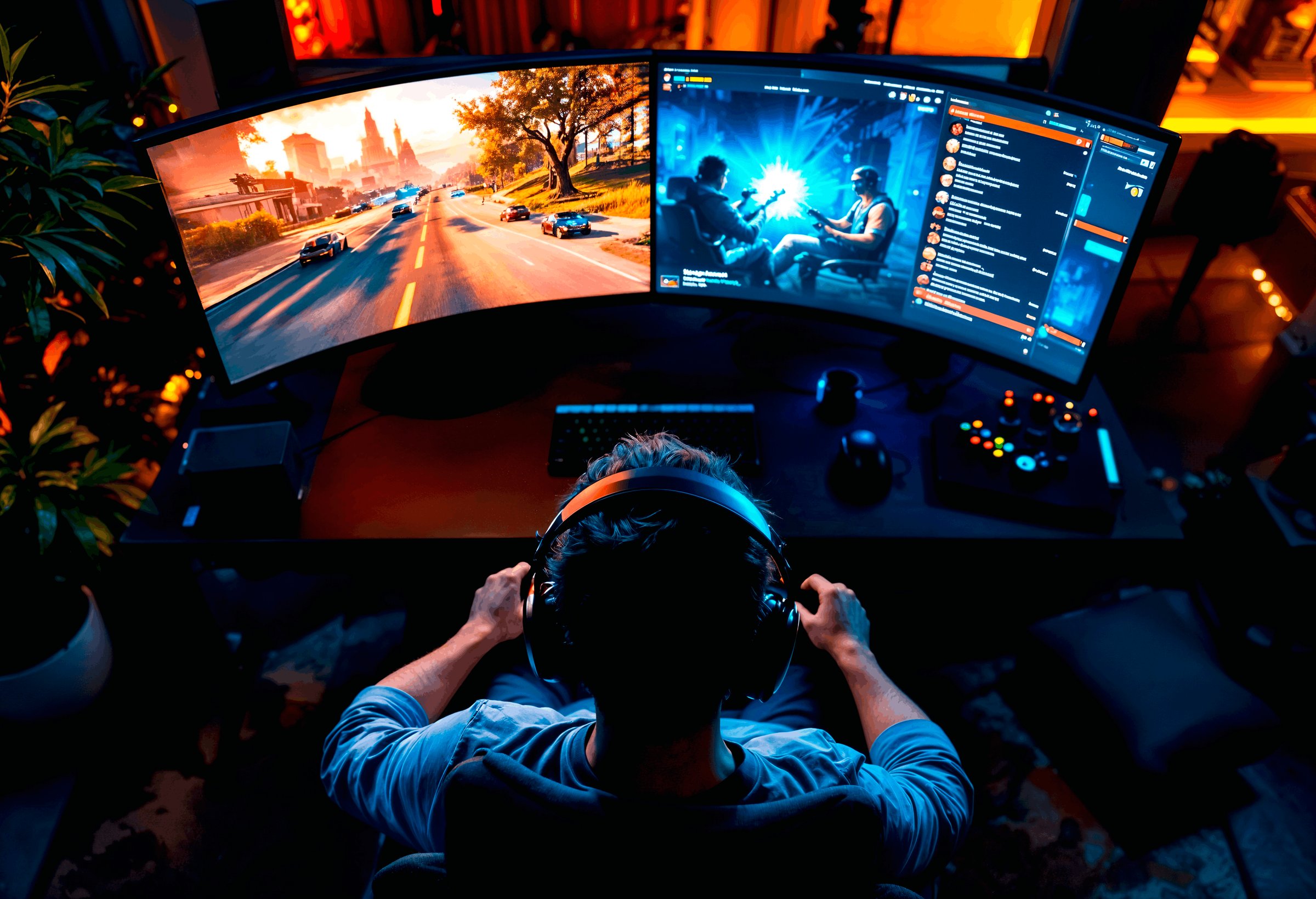 Gamer wearing headphones at a dual-monitor desk, one screen running an open-world driving game
